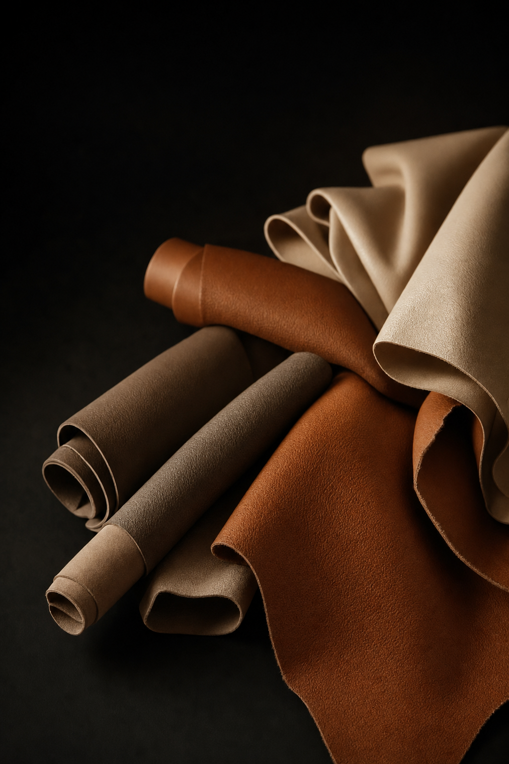 Italian leather hides in cognac, taupe and champagne, arranged on a black surface.
