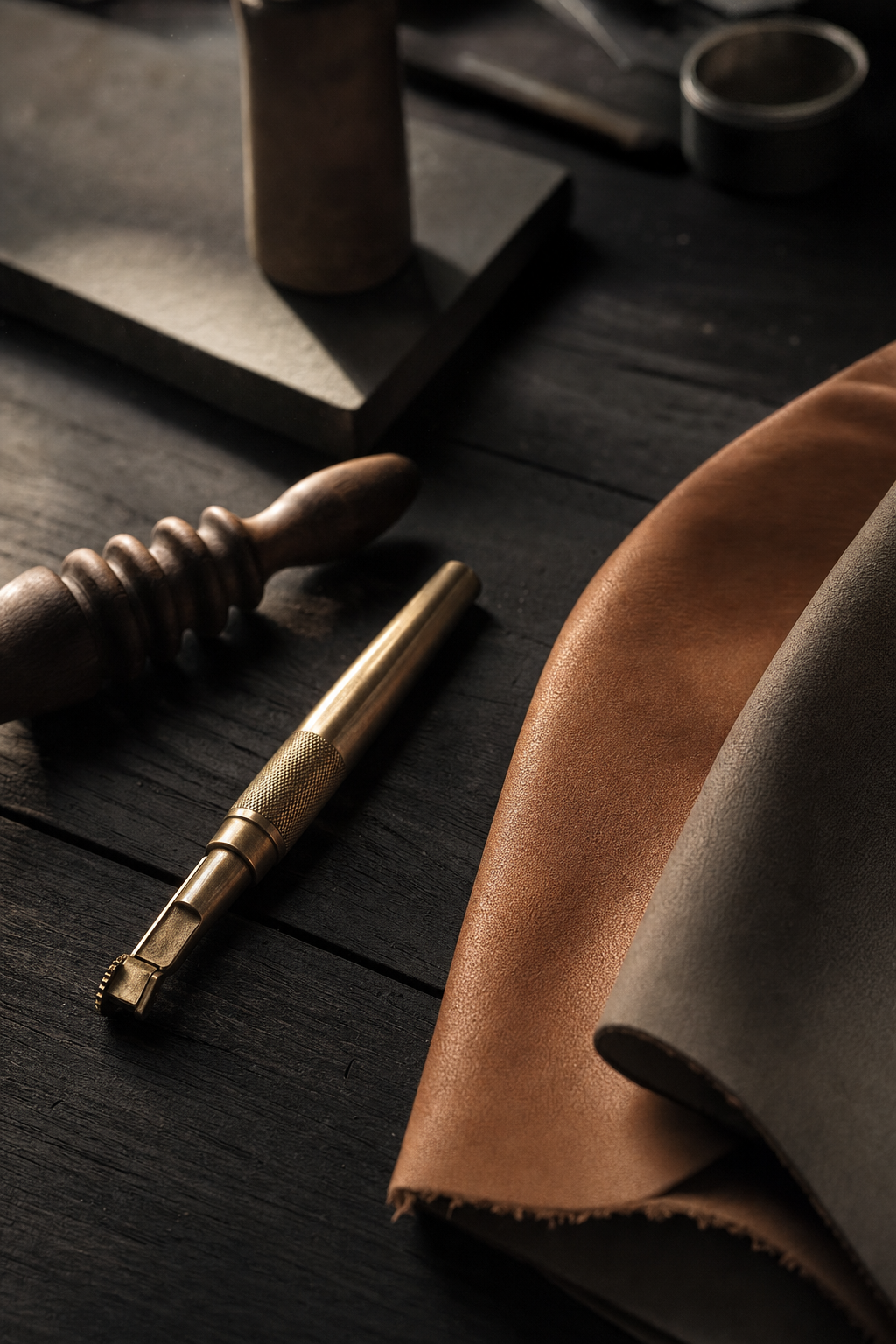 Italian leather atelier workbench with brass burnishing tool and folded full-grain hides.