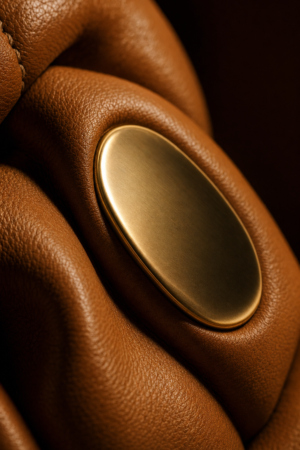 Brushed champagne brass plate set into warm tan Italian leather.